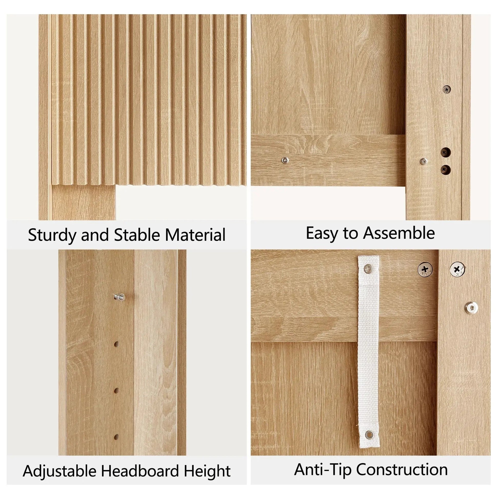 FORTUNETECModern Oak Fluted Queen Headboard with Wingback Panels – Farmhouse Style
