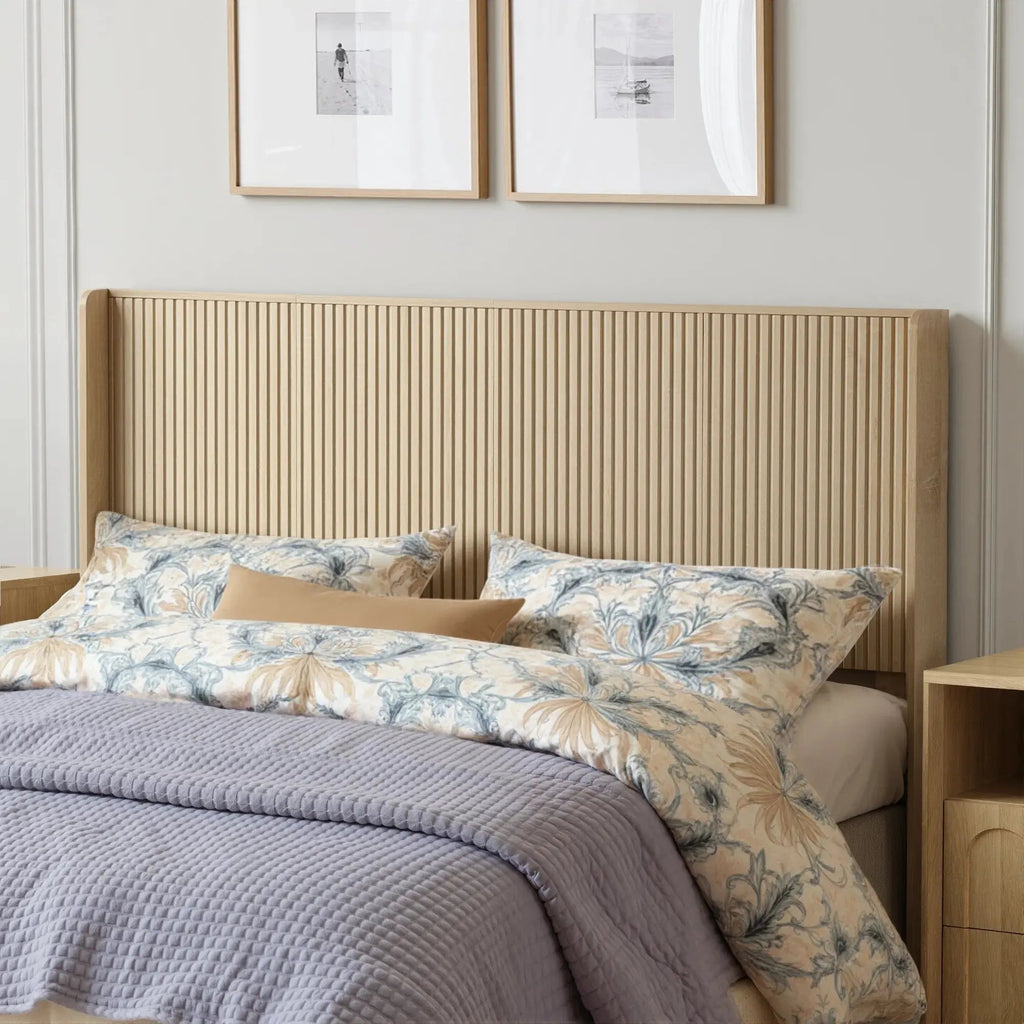 FORTUNETECModern Oak Fluted Queen Headboard with Wingback Panels – Farmhouse Style