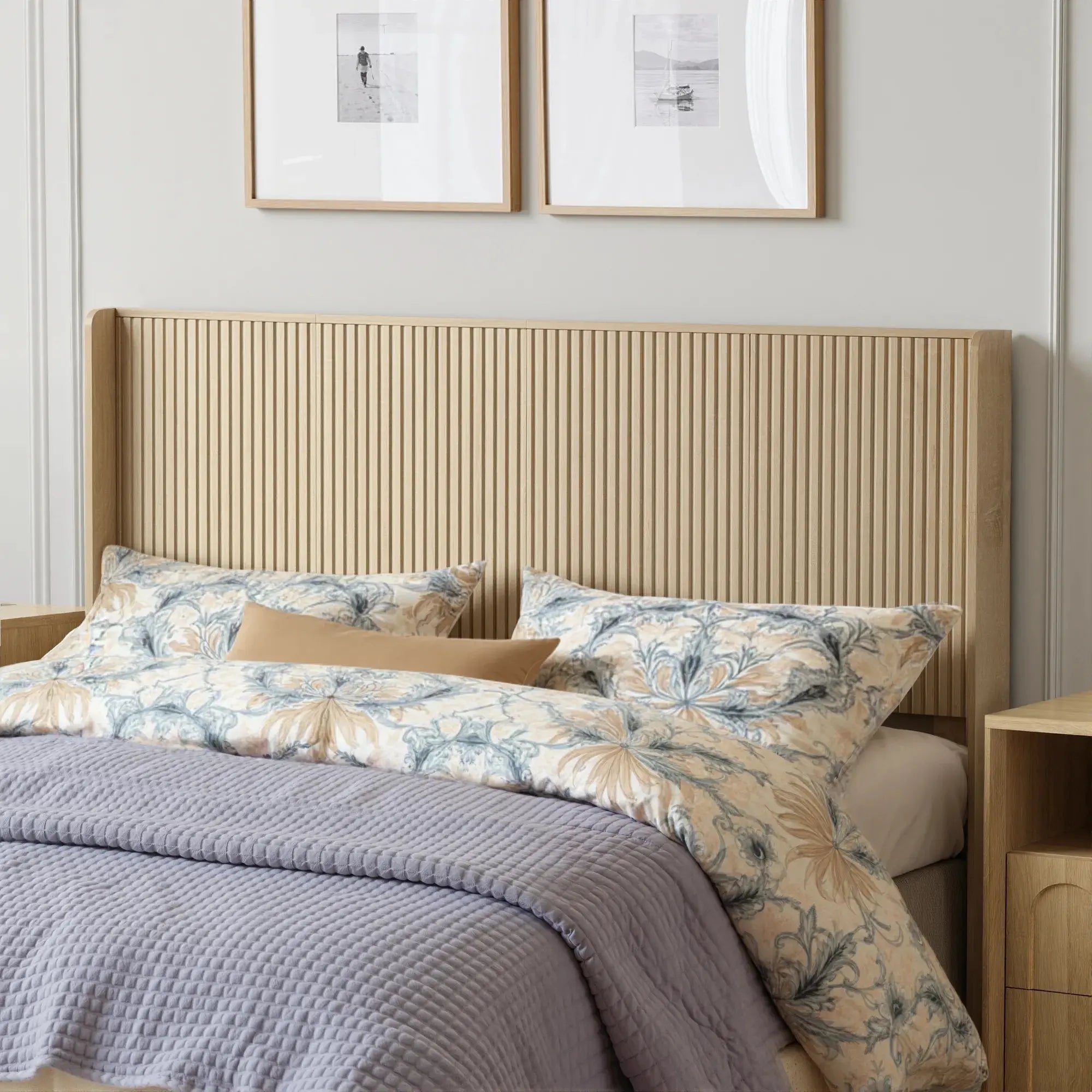 FORTUNETECModern Oak Fluted Queen Headboard with Wingback Panels – Farmhouse Style