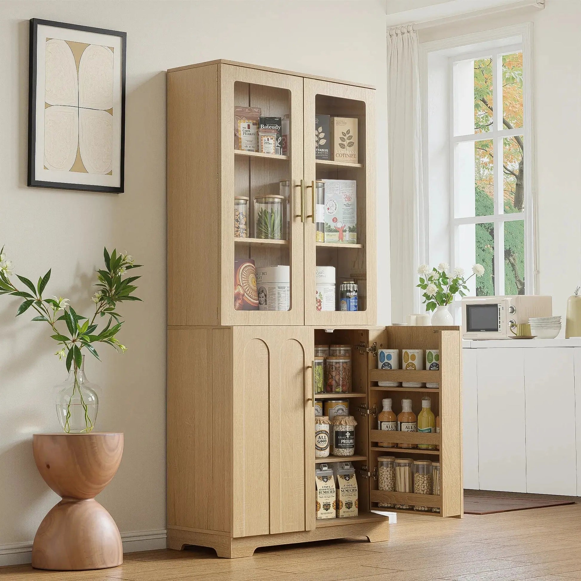 FORTUNETECModern Oak Pantry Cabinet with Arched Glass Doors – Tall Freestanding Storage for Kitchen & Dining Room