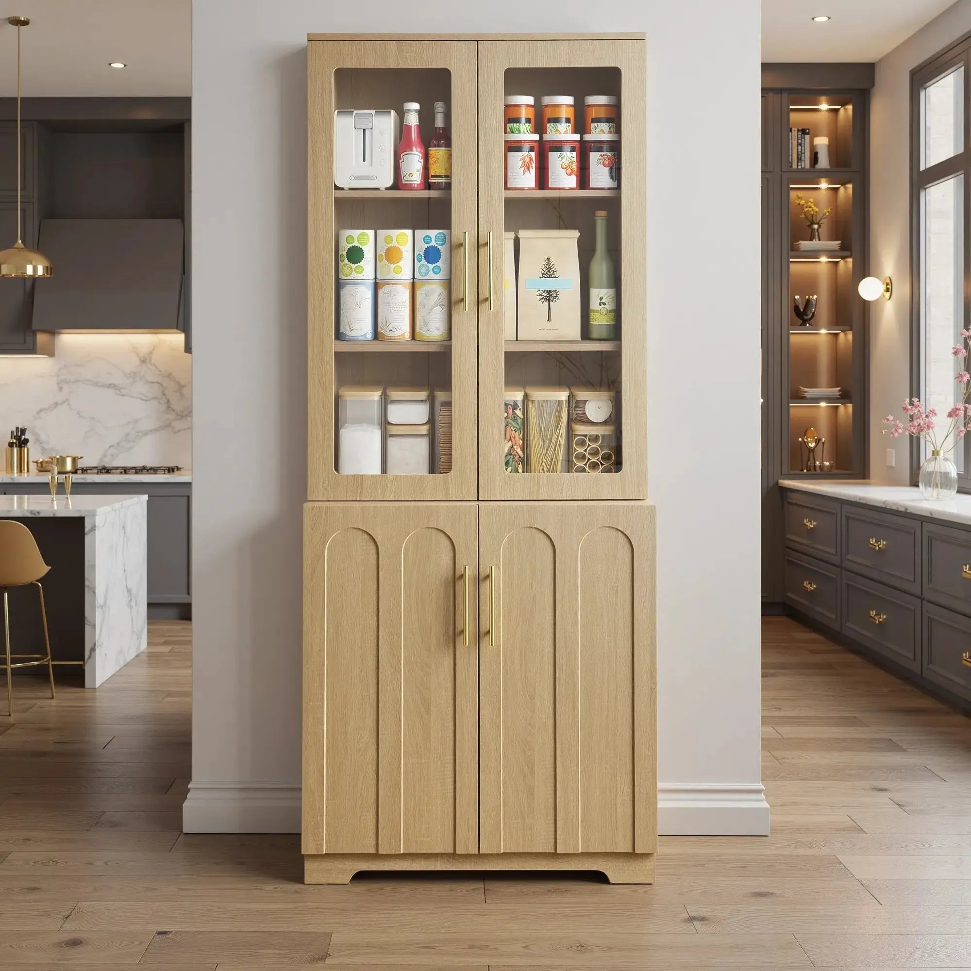FORTUNETECModern Oak Pantry Cabinet with Arched Glass Doors – Tall Freestanding Storage for Kitchen & Dining Room