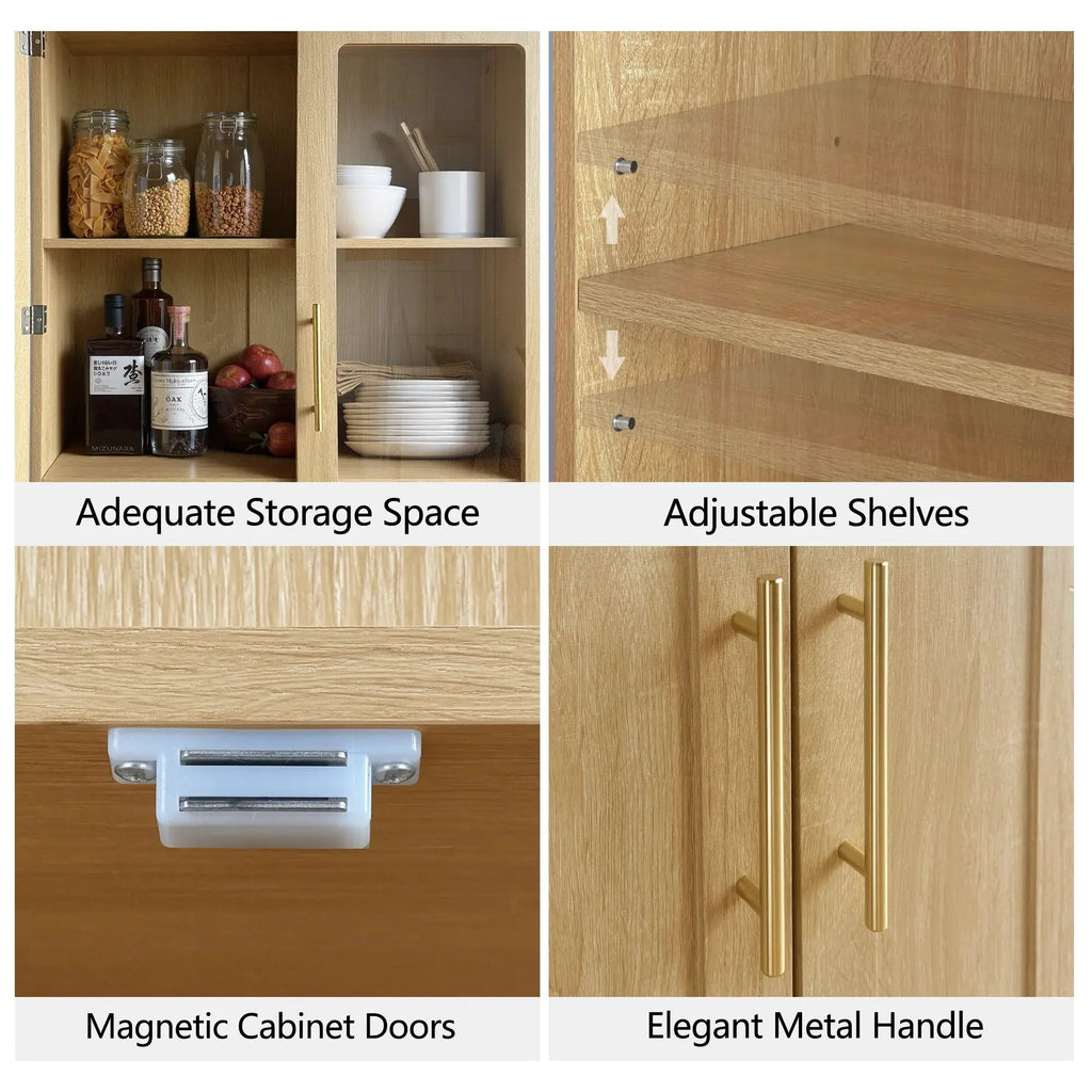 FORTUNETECModern Oak Pantry Cabinet with Arched Glass Doors – Tall Freestanding Storage for Kitchen & Dining Room