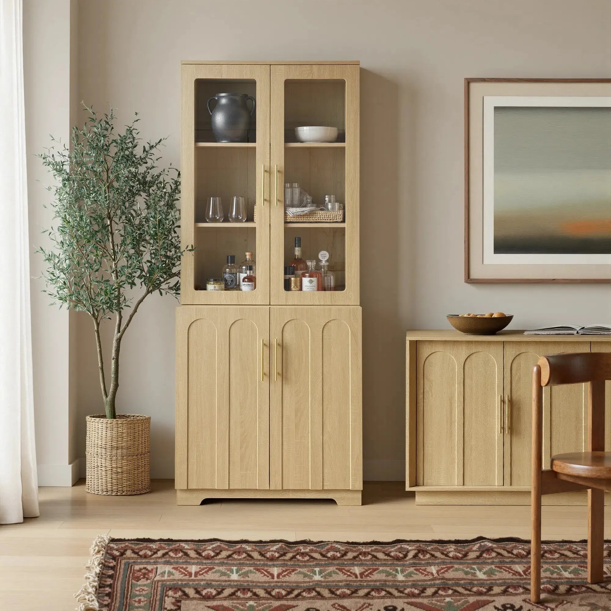 FORTUNETECModern Oak Pantry Cabinet with Arched Glass Doors – Tall Freestanding Storage for Kitchen & Dining Room