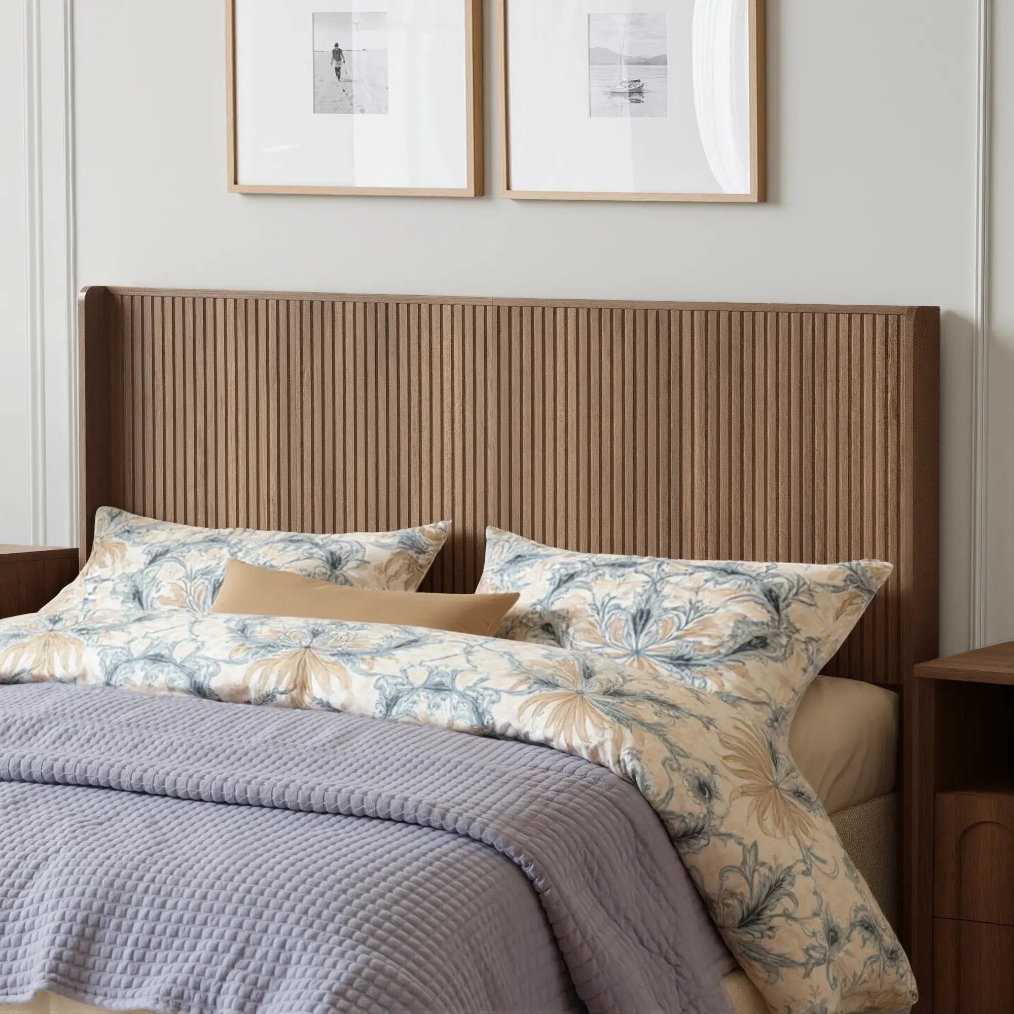 FORTUNETECModern Walnut Fluted Headboard with Wingback Panels – Farmhouse Style