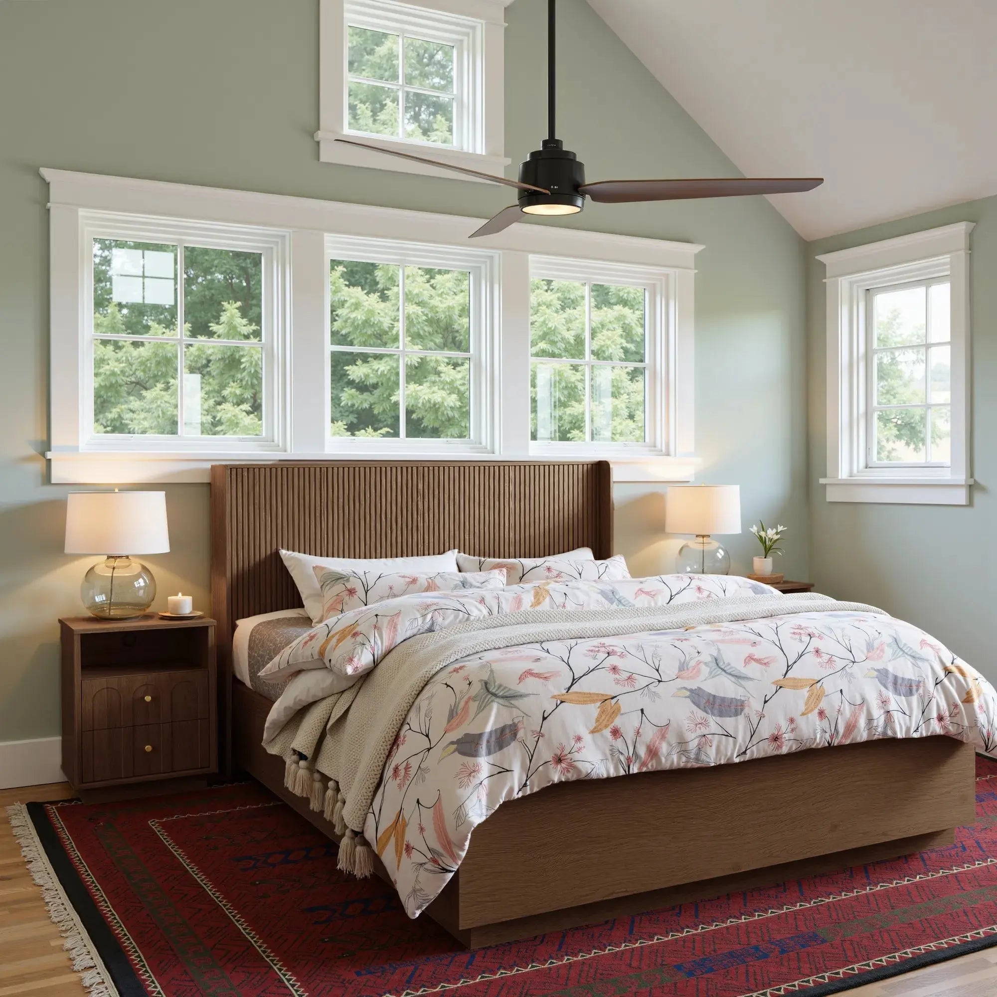 FORTUNETECModern Walnut Fluted Headboard with Wingback Panels – Farmhouse Style