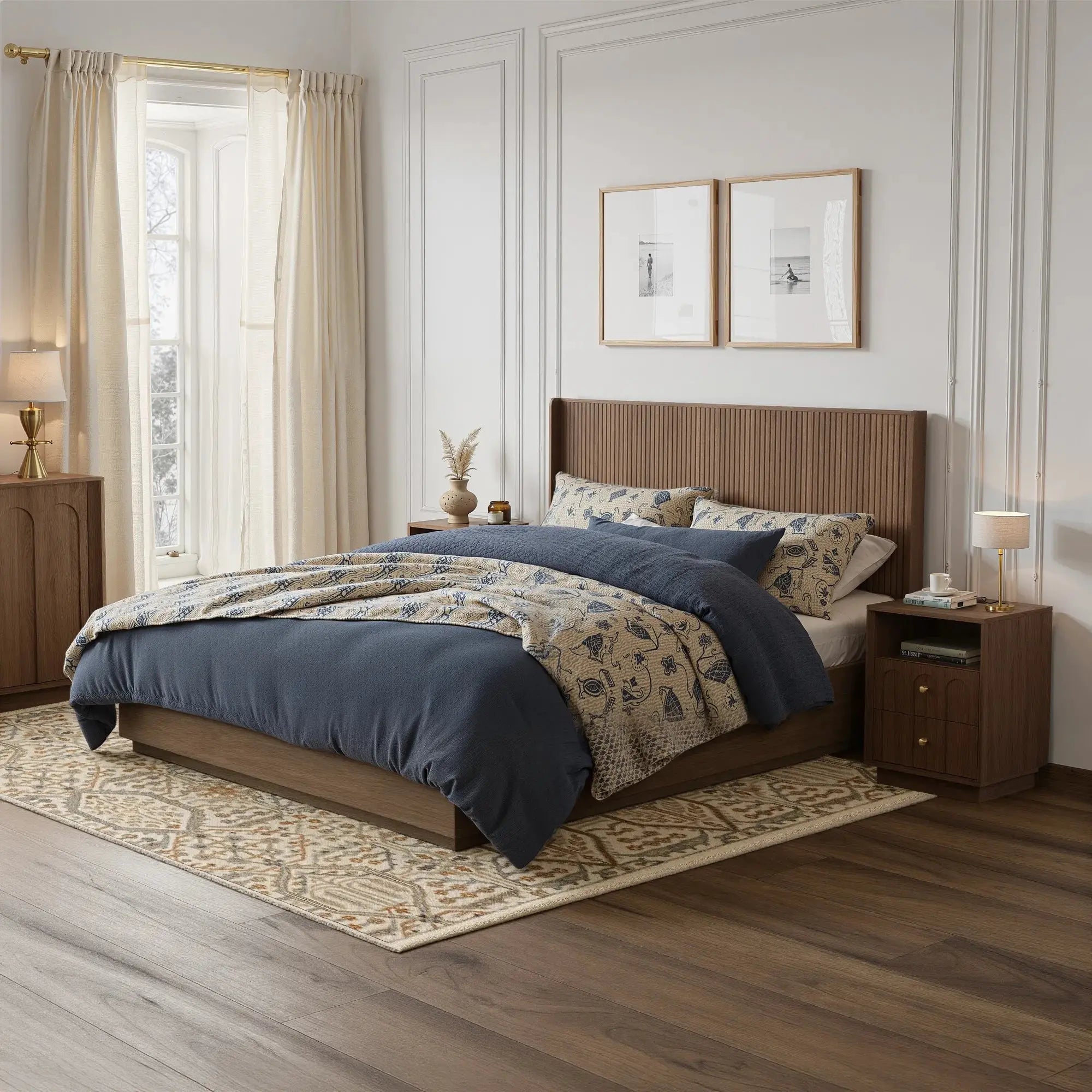 FORTUNETECModern Walnut Fluted Headboard with Wingback Panels – Farmhouse Style