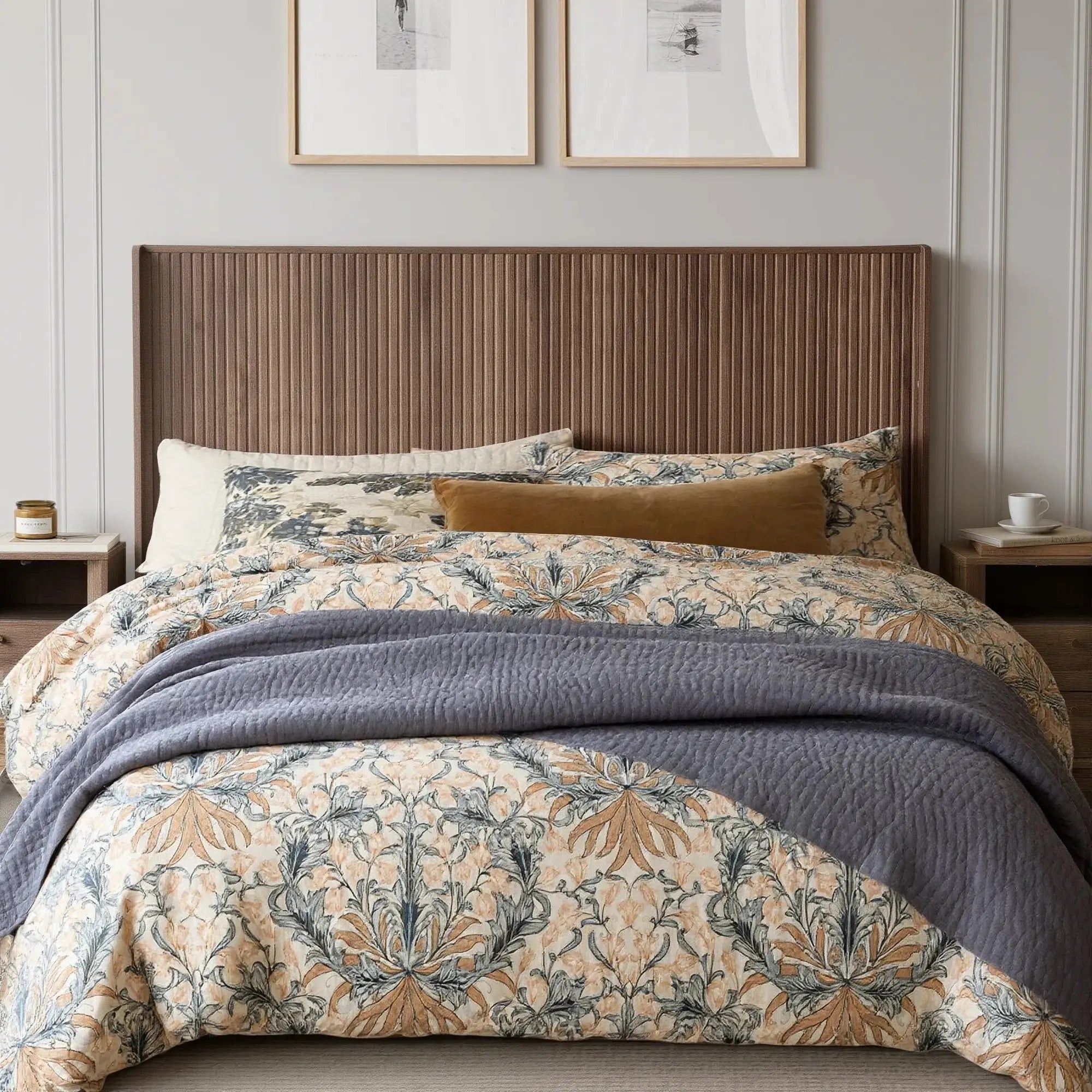 FORTUNETECModern Walnut Fluted Headboard with Wingback Panels – Farmhouse Style