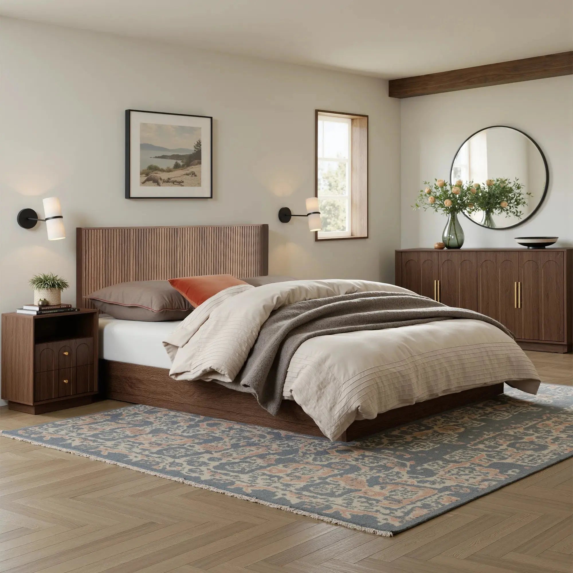 FORTUNETECModern Walnut Fluted Headboard with Wingback Panels – Farmhouse Style