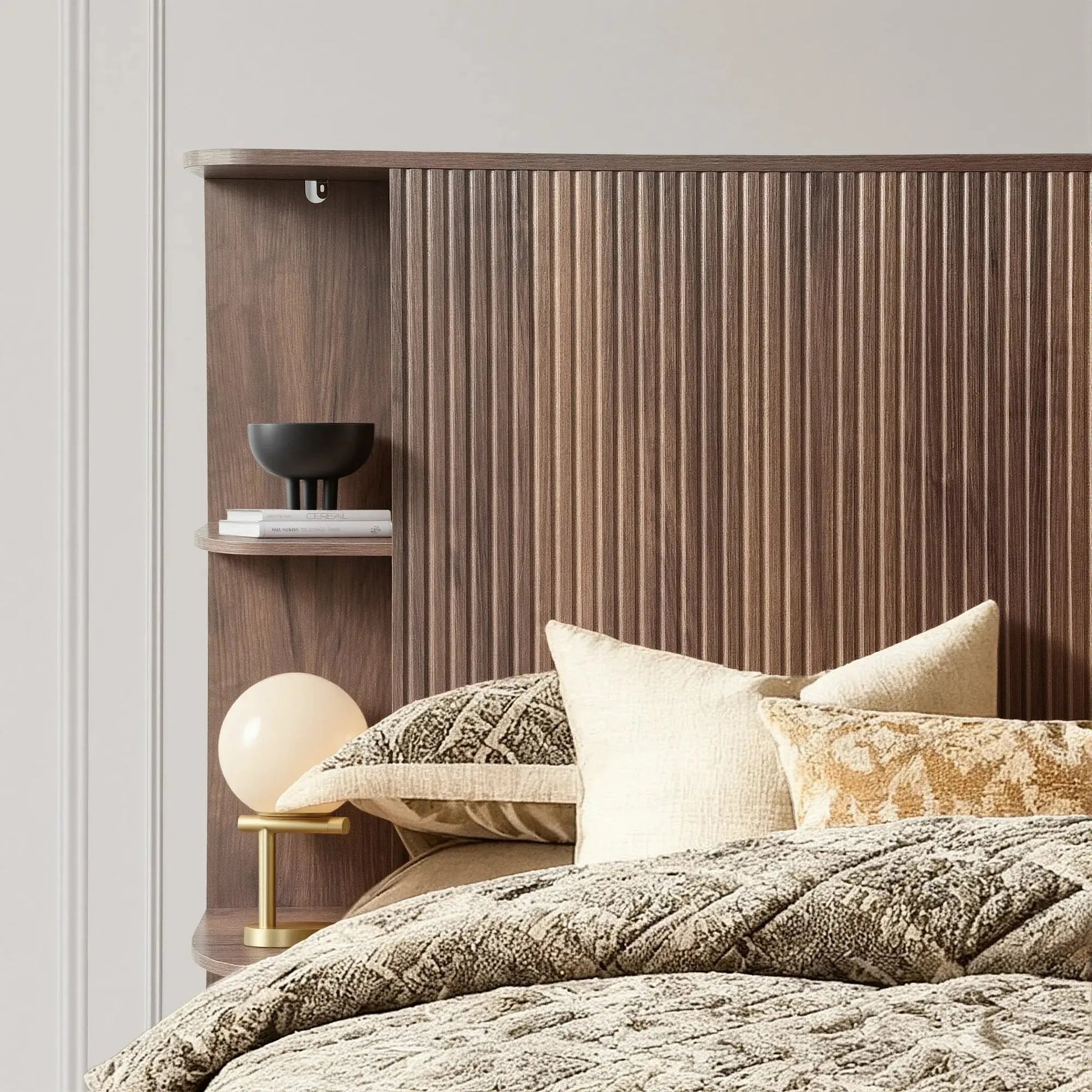 FORTUNETECModern Walnut Fluted Queen Headboard with Storage Shelf – Warm Farmhouse Style Design