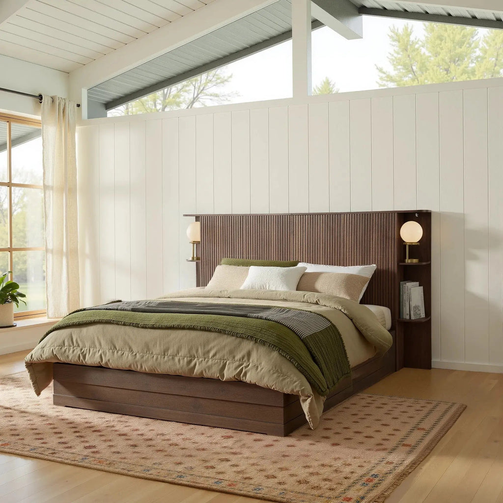 FORTUNETECModern Walnut Fluted Queen Headboard with Storage Shelf – Warm Farmhouse Style Design