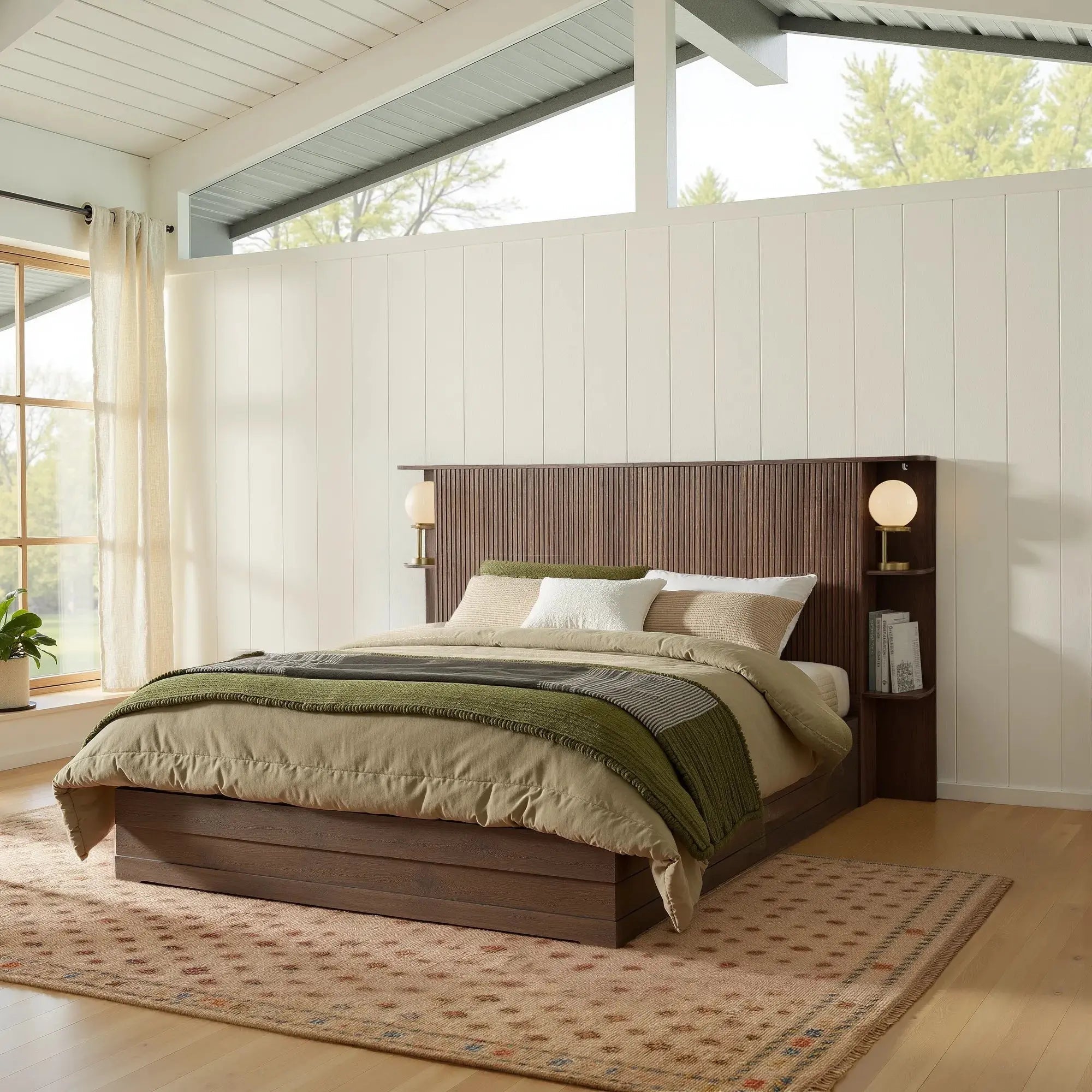 FORTUNETECModern Walnut Fluted Queen Headboard with Storage Shelf – Warm Farmhouse Style Design