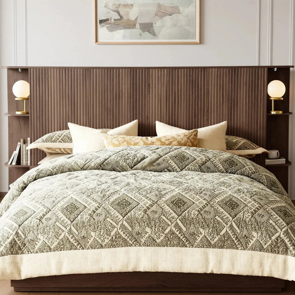 FORTUNETECModern Walnut Fluted Queen Headboard with Storage Shelf – Warm Farmhouse Style Design