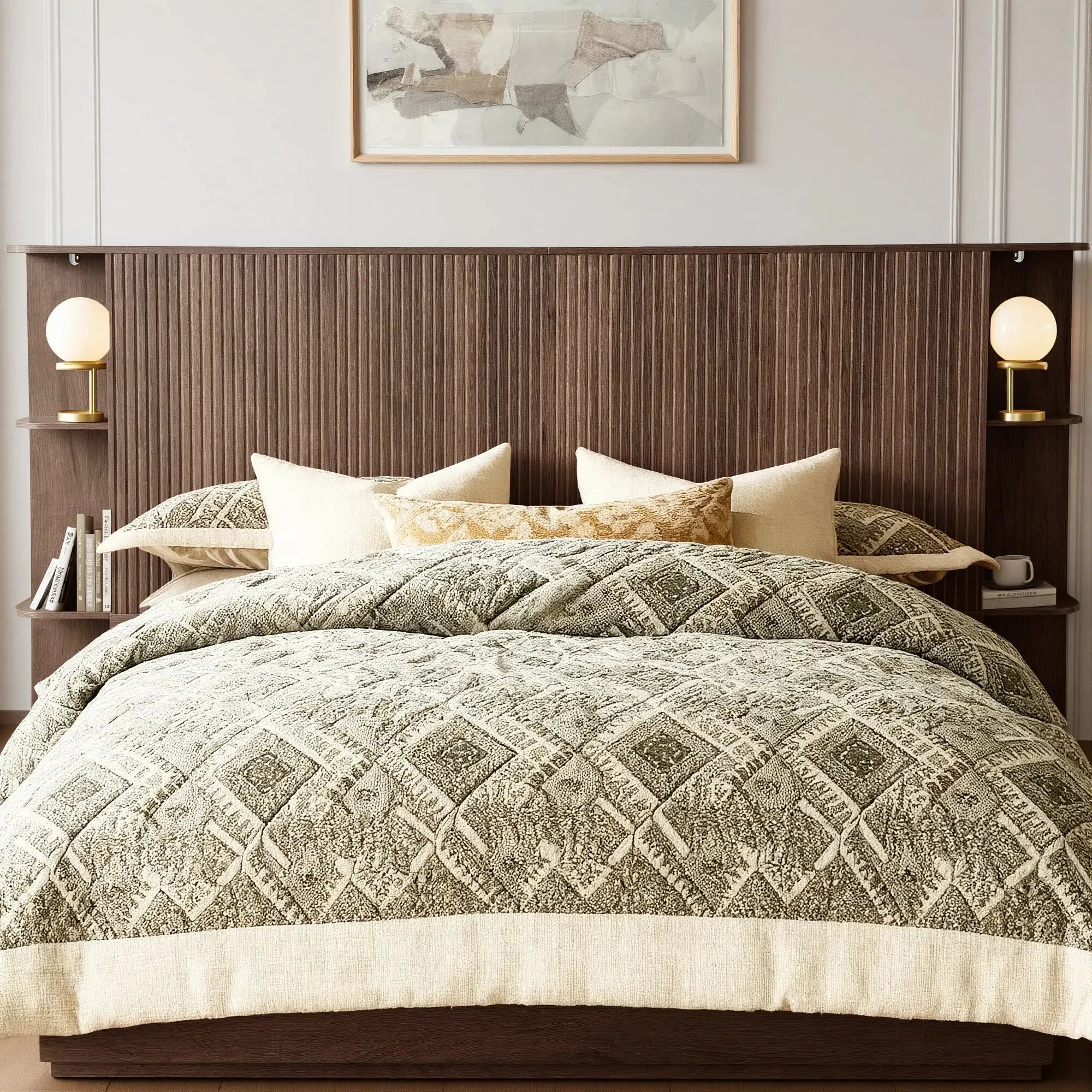 FORTUNETECModern Walnut Fluted Queen Headboard with Storage Shelf – Warm Farmhouse Style Design