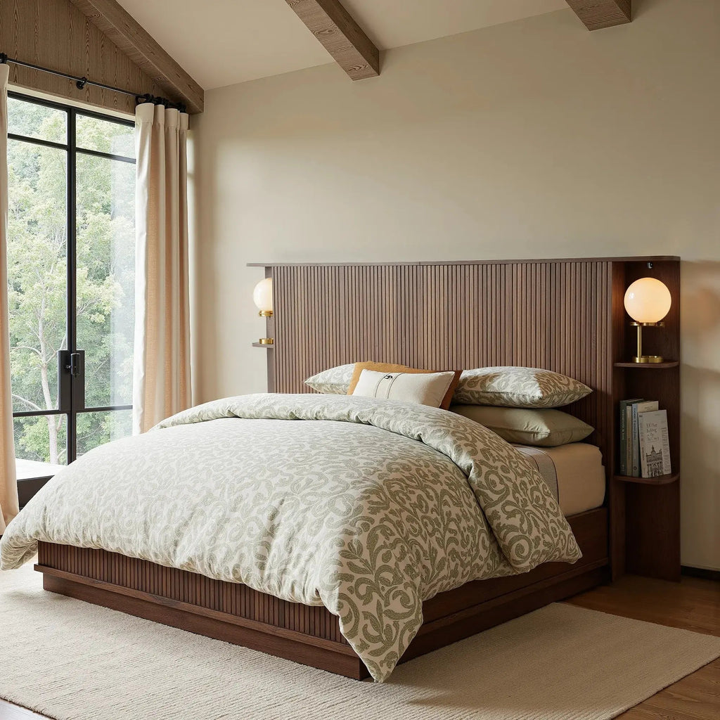 FORTUNETECModern Walnut Fluted Queen Headboard with Storage Shelf – Warm Farmhouse Style Design