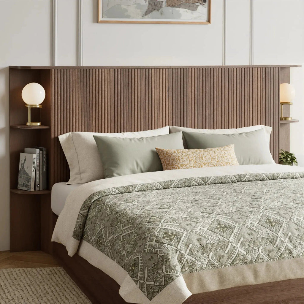 FORTUNETECModern Walnut Fluted Queen Headboard with Storage Shelf – Warm Farmhouse Style Design