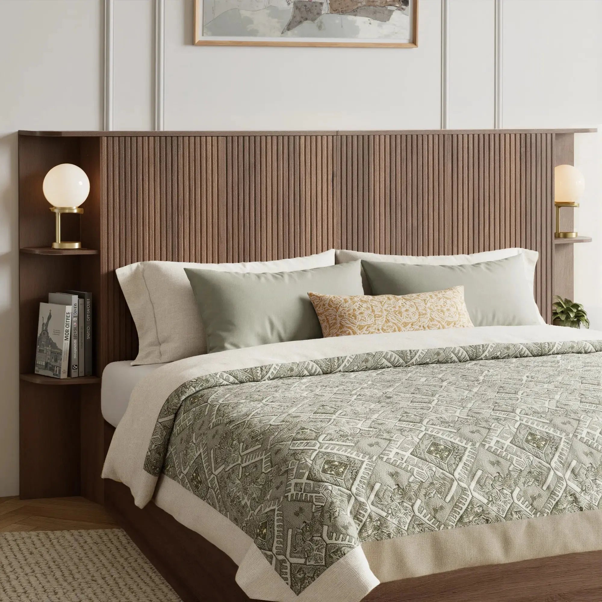 FORTUNETECModern Walnut Fluted Queen Headboard with Storage Shelf – Warm Farmhouse Style Design