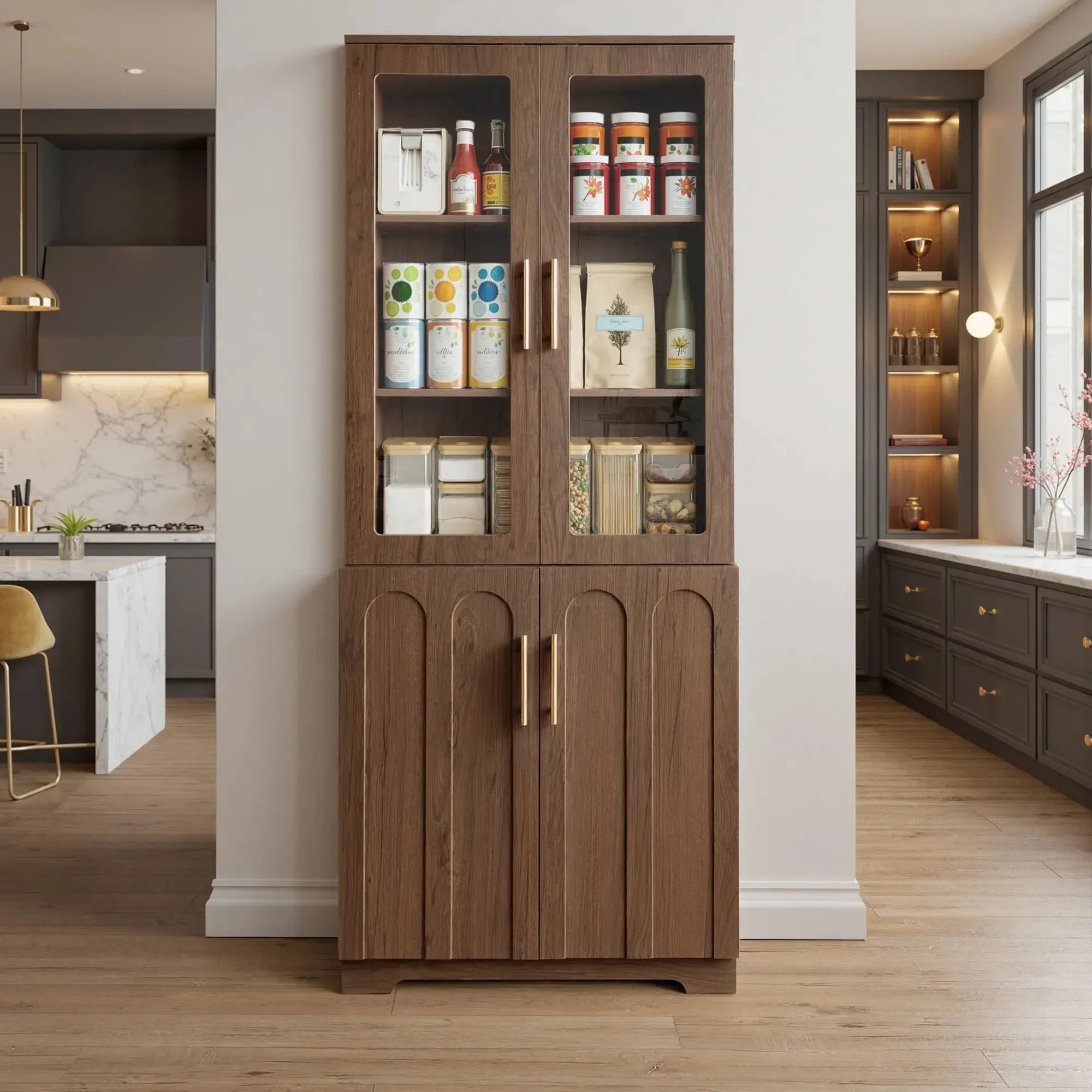 FORTUNETECModern Walnut Pantry Cabinet with Arched Glass Doors – Tall Freestanding Storage for Kitchen & Dining Room