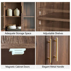 FORTUNETECModern Walnut Pantry Cabinet with Arched Glass Doors – Tall Freestanding Storage for Kitchen & Dining Room