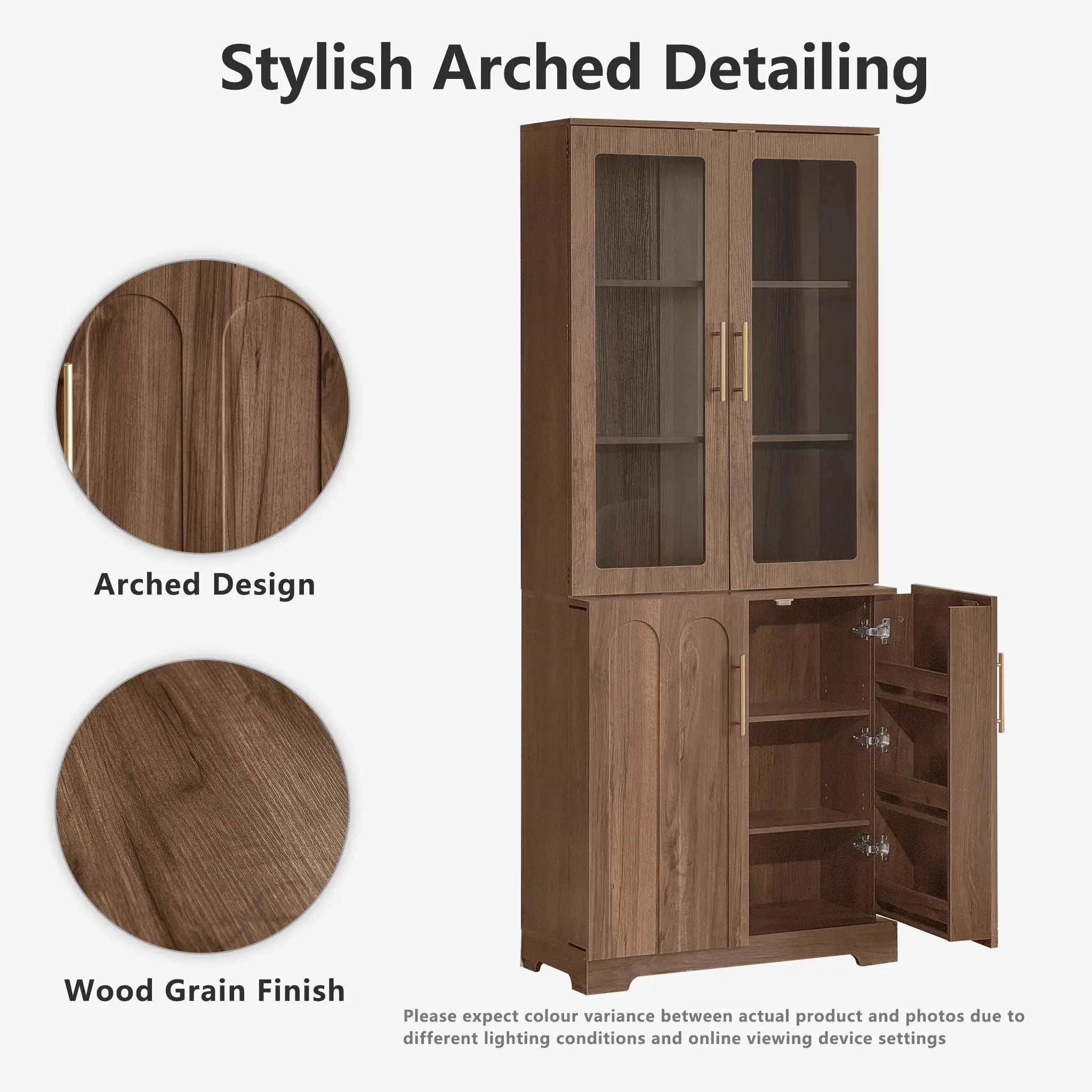 FORTUNETECModern Walnut Pantry Cabinet with Arched Glass Doors – Tall Freestanding Storage for Kitchen & Dining Room
