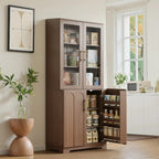 FORTUNETECModern Walnut Pantry Cabinet with Arched Glass Doors – Tall Freestanding Storage for Kitchen & Dining Room