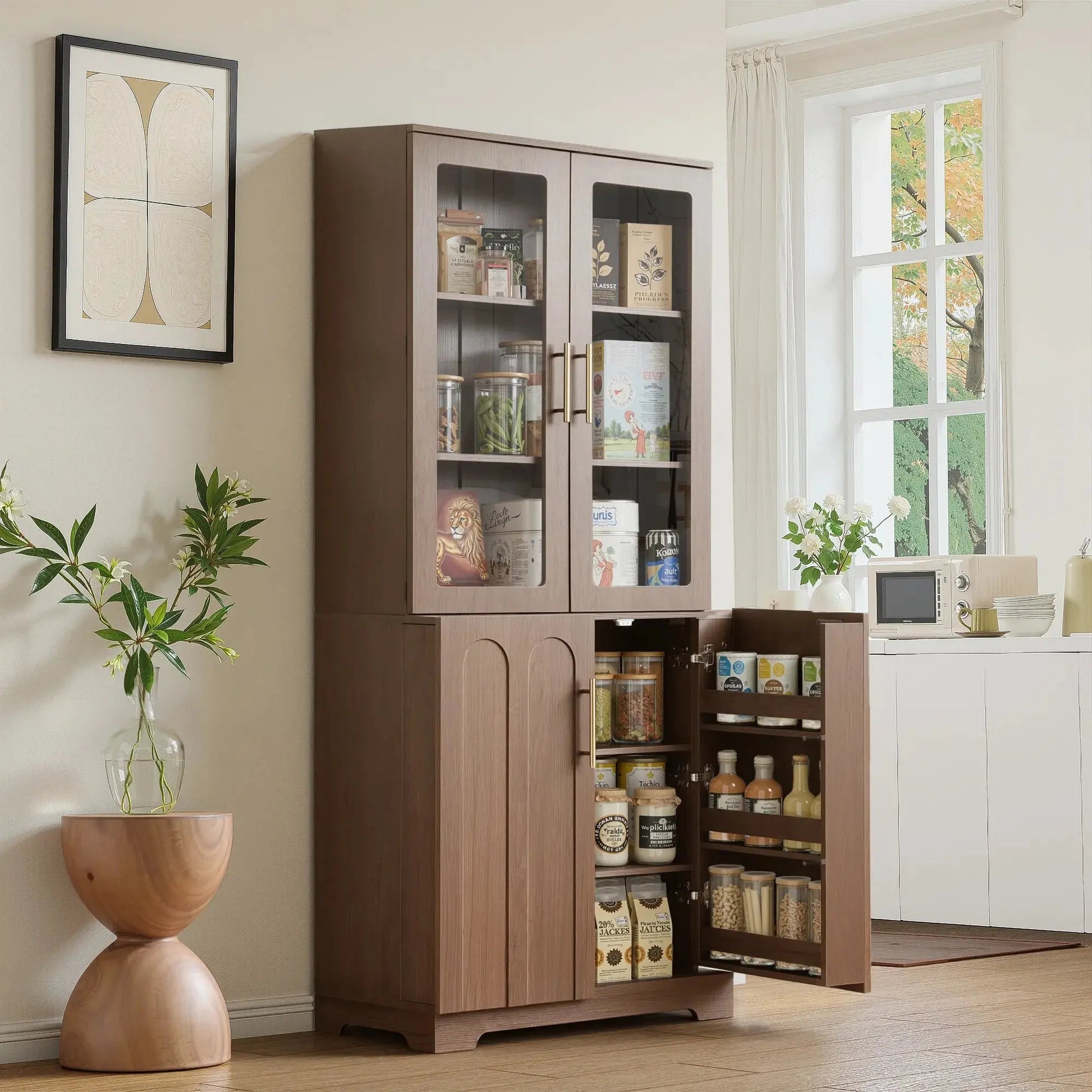 FORTUNETECModern Walnut Pantry Cabinet with Arched Glass Doors – Tall Freestanding Storage for Kitchen & Dining Room