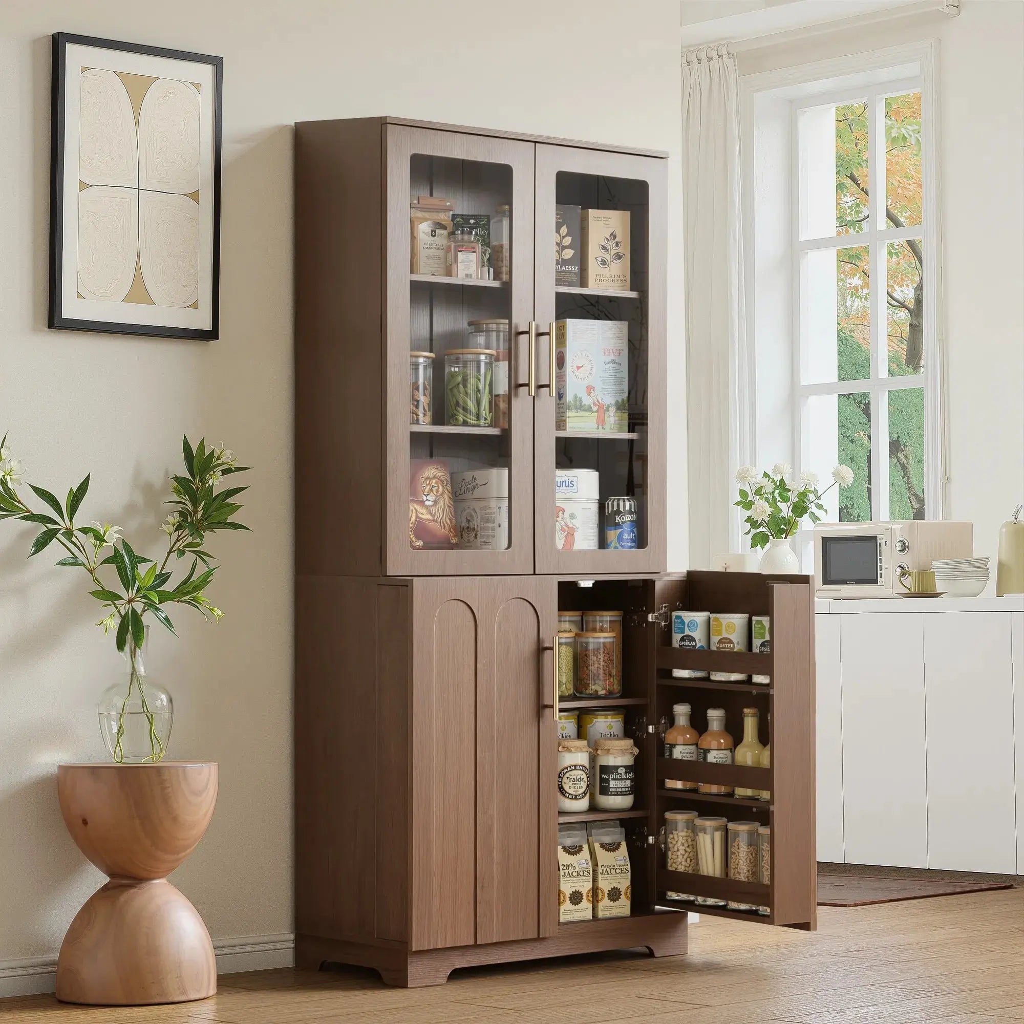 FORTUNETECModern Walnut Pantry Cabinet with Arched Glass Doors – Tall Freestanding Storage for Kitchen & Dining Room