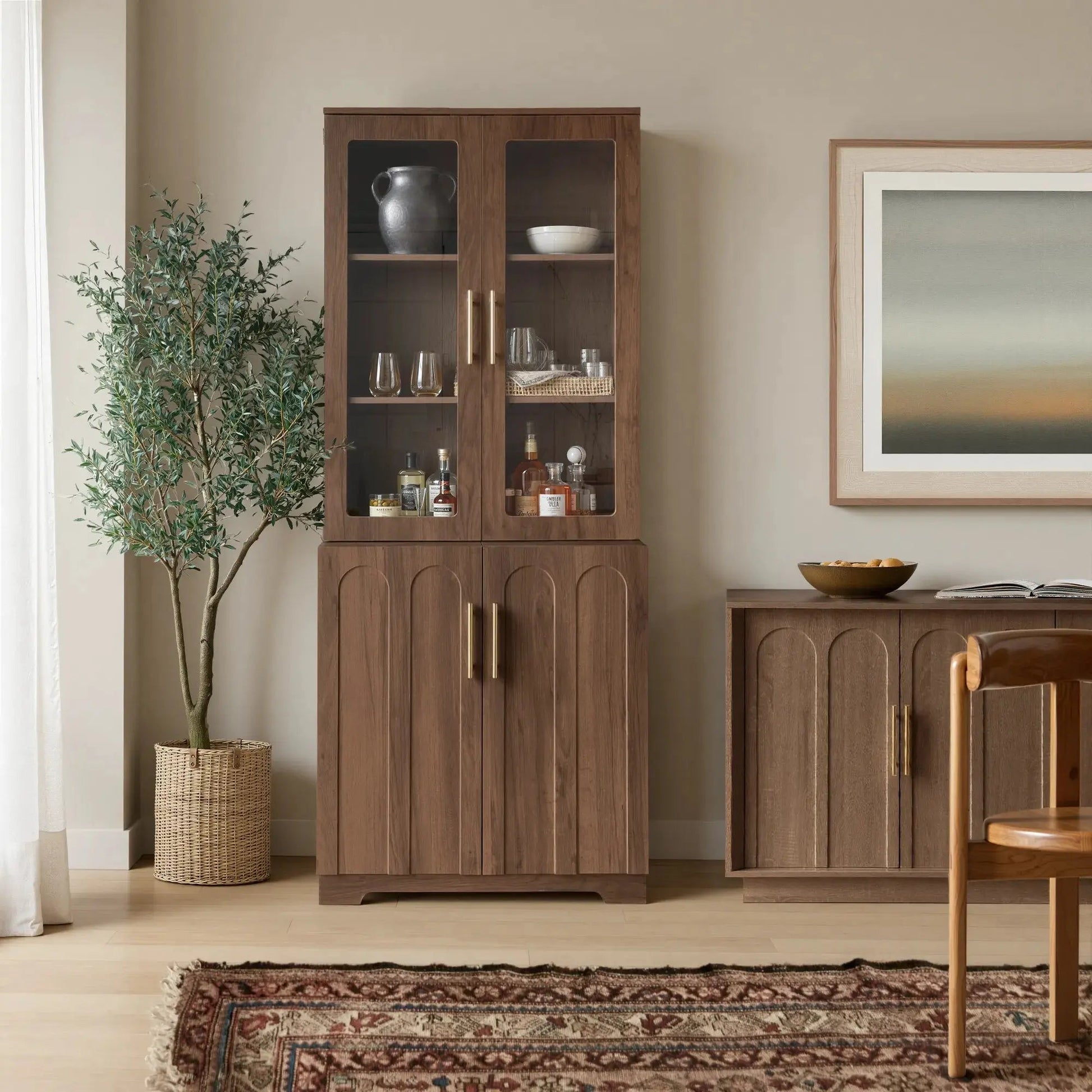 FORTUNETECModern Walnut Pantry Cabinet with Arched Glass Doors – Tall Freestanding Storage for Kitchen & Dining Room