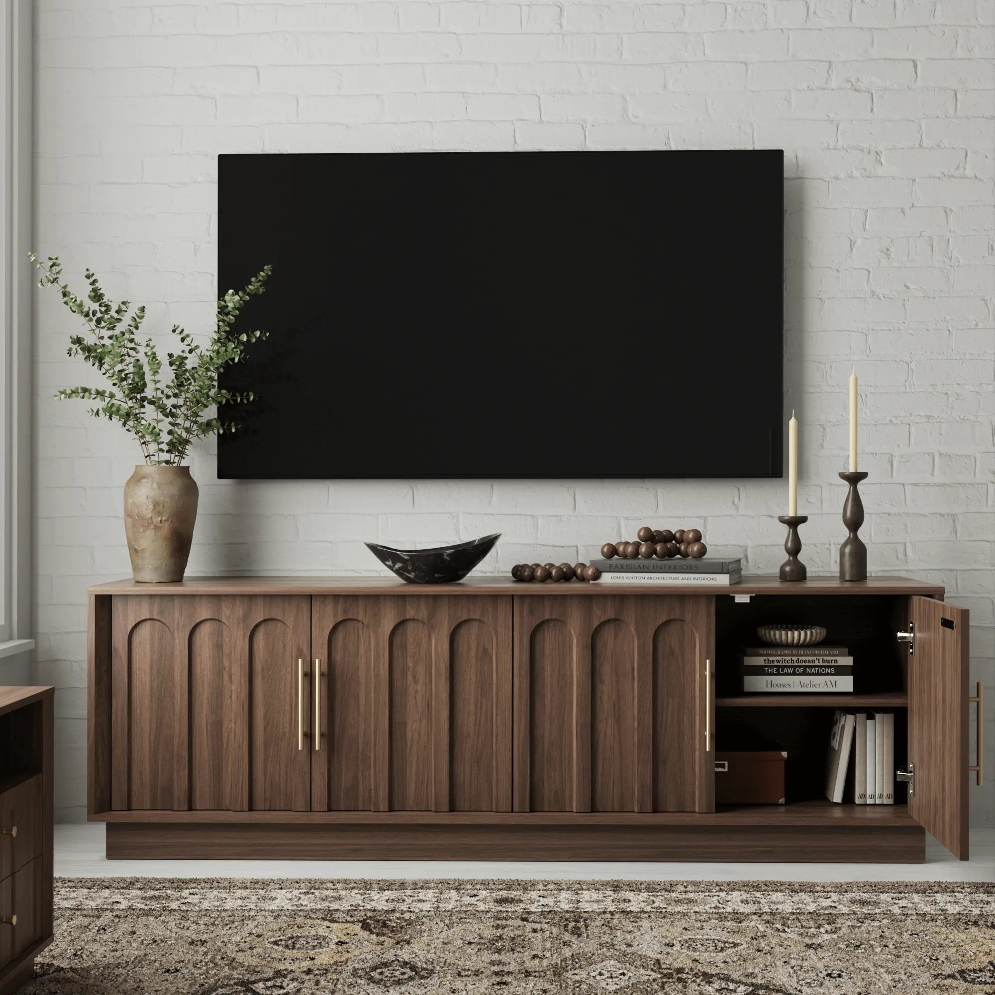 FORTUNETECWalnut Arched TV Stand – Mid - Century Modern Style