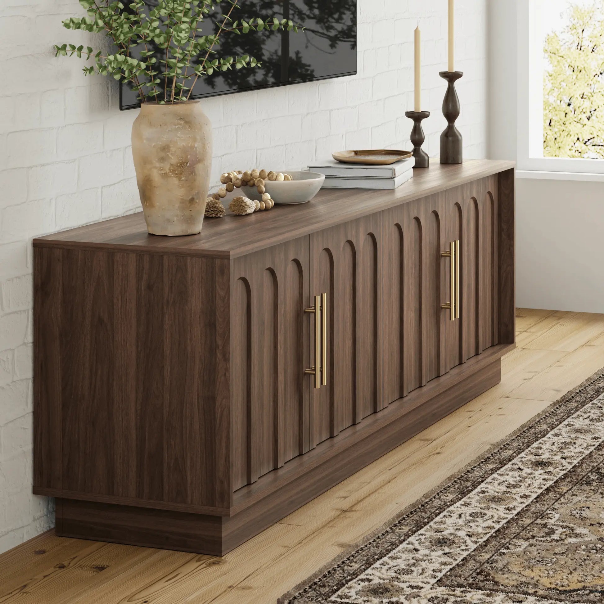 FORTUNETECWalnut Arched TV Stand – Mid - Century Modern Style