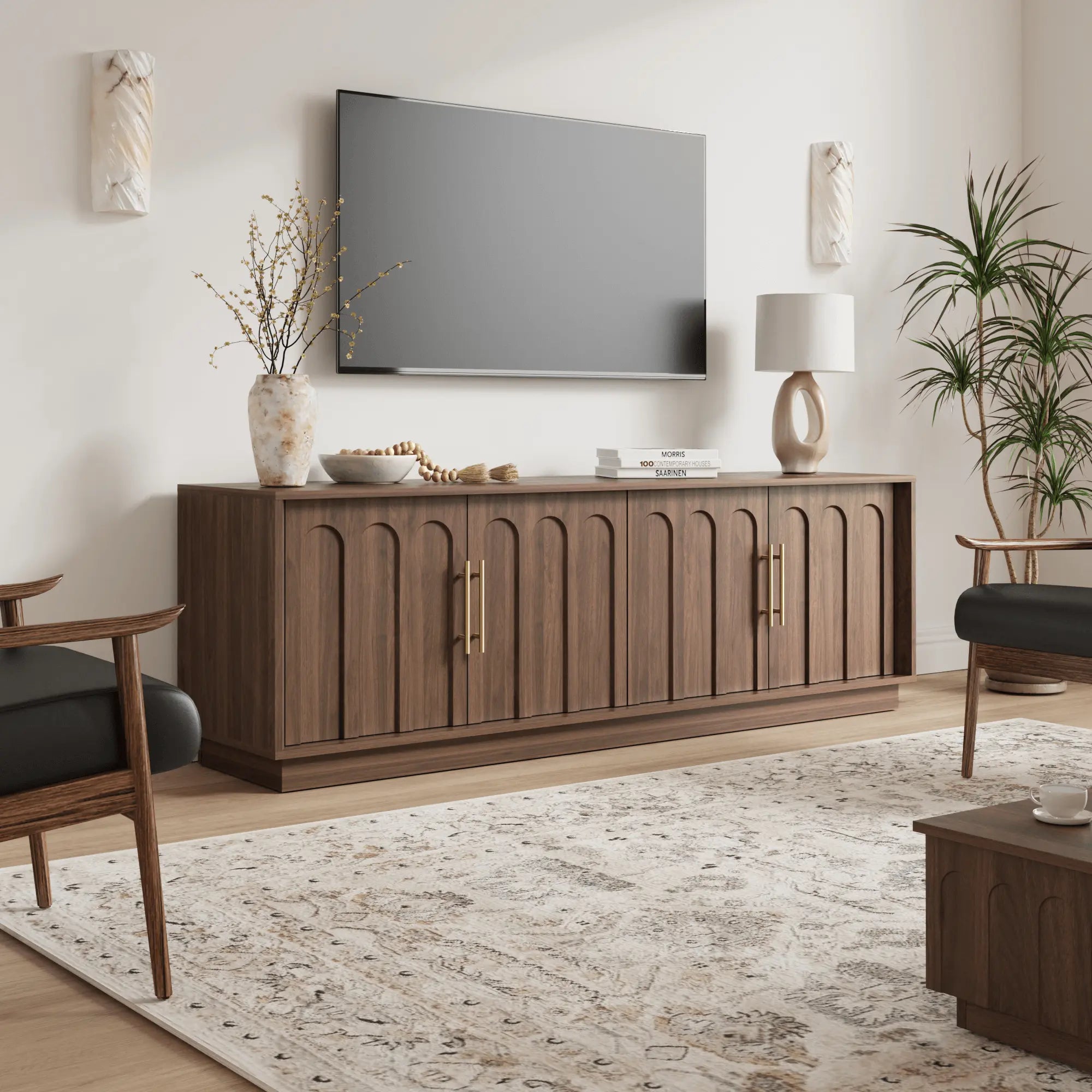 FORTUNETECWalnut Arched TV Stand – Mid - Century Modern Style