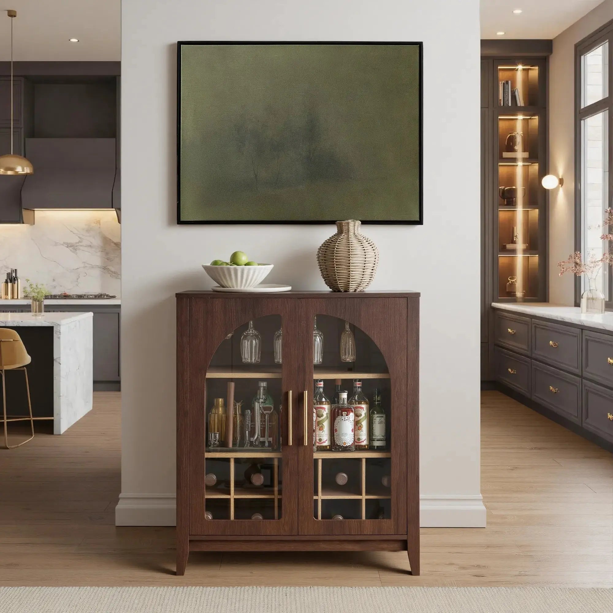 FORTUNETECWalnut Wine Bar Cabinet with Glass Doors & Wine Rack – Mid Century Modern Liquor Sideboard with Storage