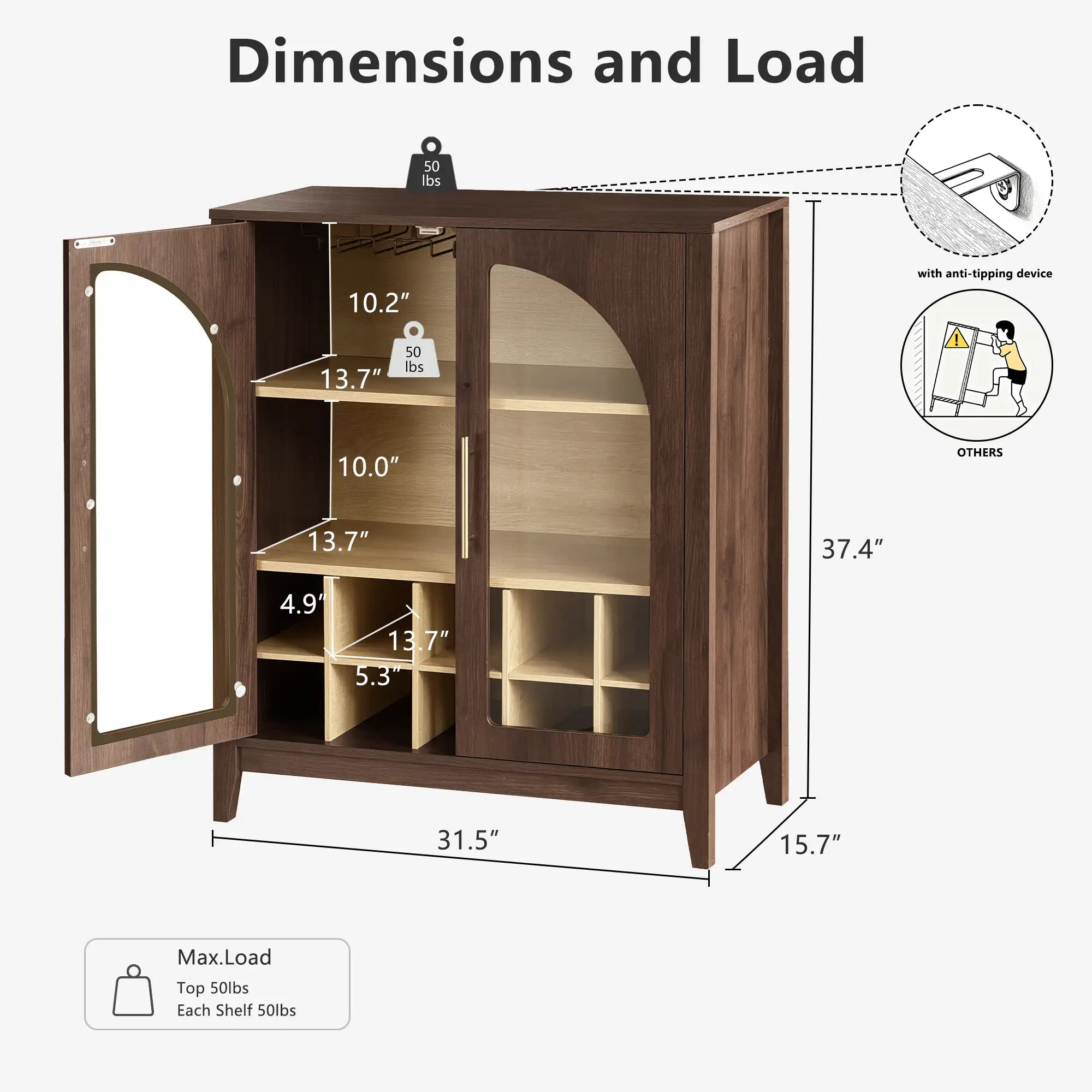 FORTUNETECWalnut Wine Bar Cabinet with Glass Doors & Wine Rack – Mid Century Modern Liquor Sideboard with Storage