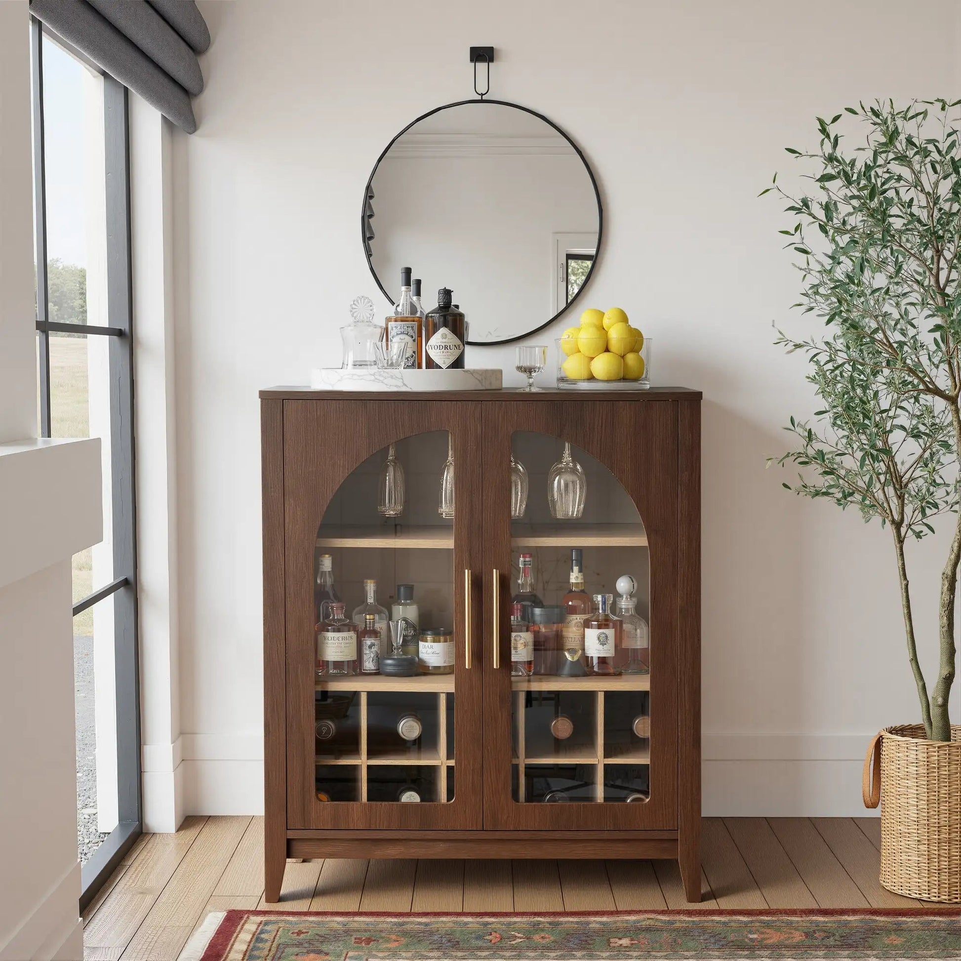 FORTUNETECWalnut Wine Bar Cabinet with Glass Doors & Wine Rack – Mid Century Modern Liquor Sideboard with Storage