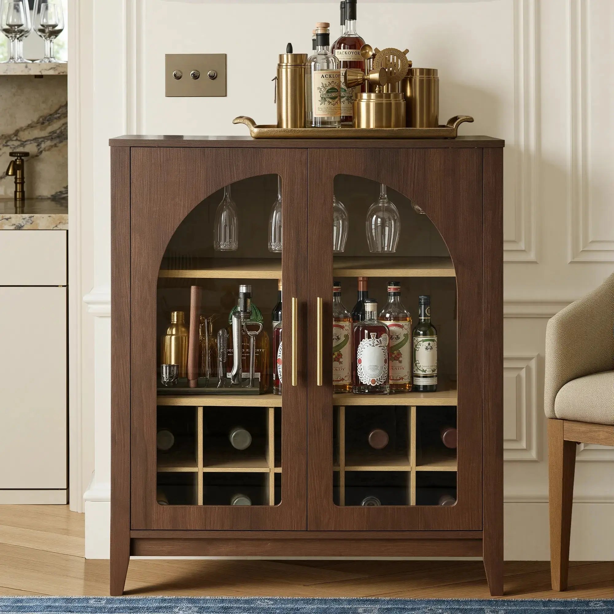 FORTUNETECWalnut Wine Bar Cabinet with Glass Doors & Wine Rack – Mid Century Modern Liquor Sideboard with Storage