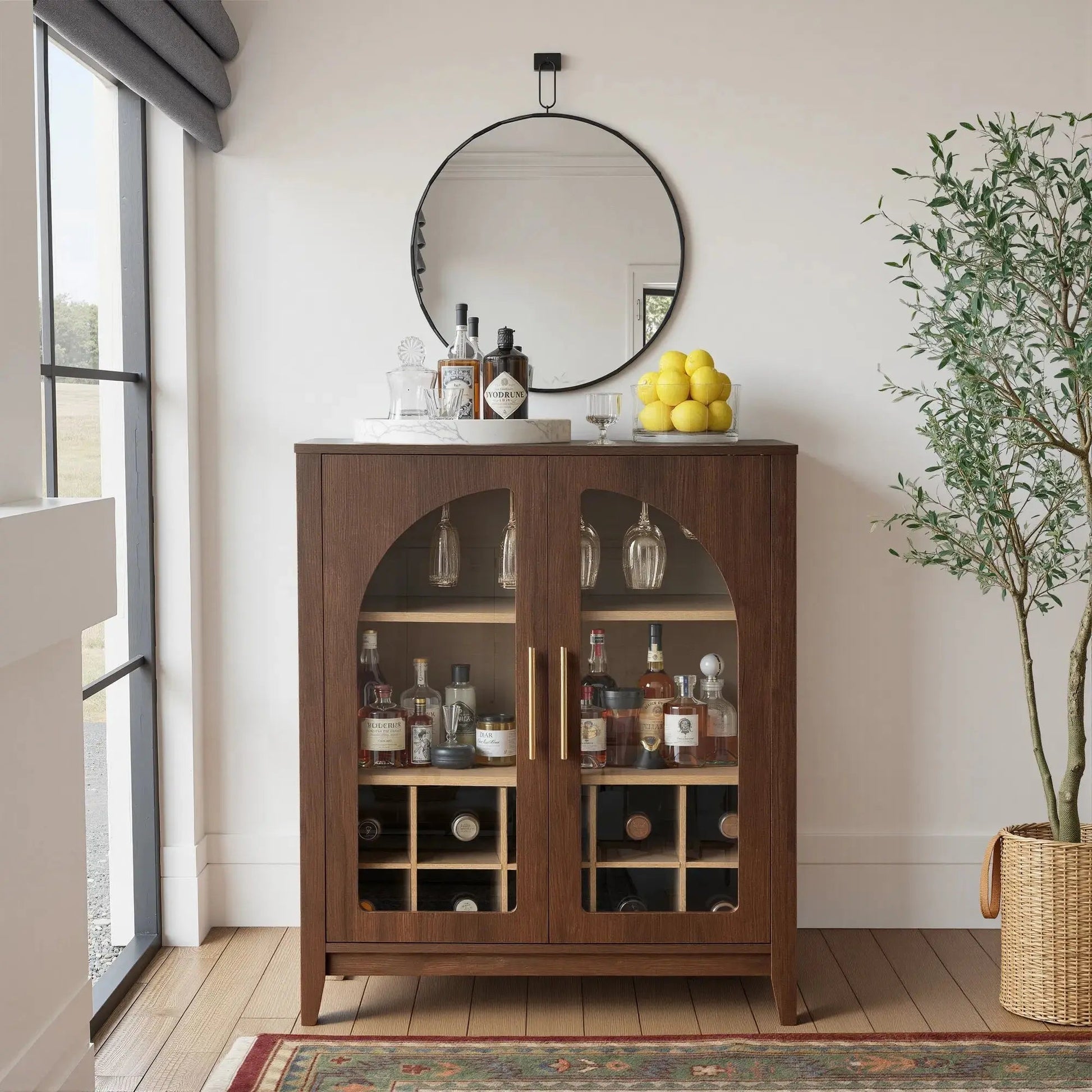 FORTUNETECWalnut Wine Bar Cabinet with Glass Doors & Wine Rack – Mid Century Modern Liquor Sideboard with Storage