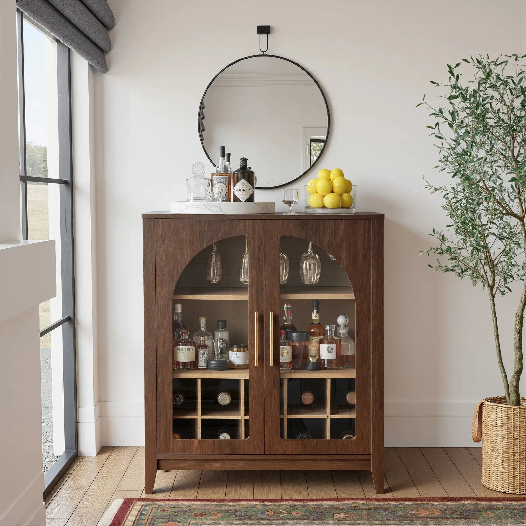 FORTUNETECWalnut Wine Bar Cabinet with Glass Doors & Wine Rack – Mid Century Modern Liquor Sideboard with Storage