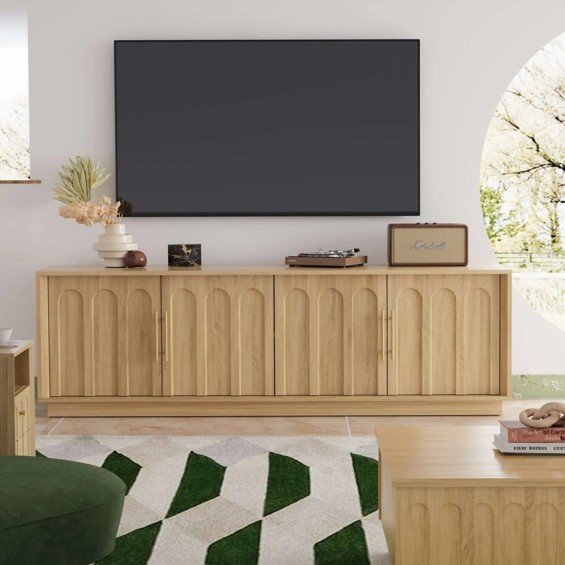 FORTUNETECWhite Oak Arched TV Stand – Mid - Century Modern Style