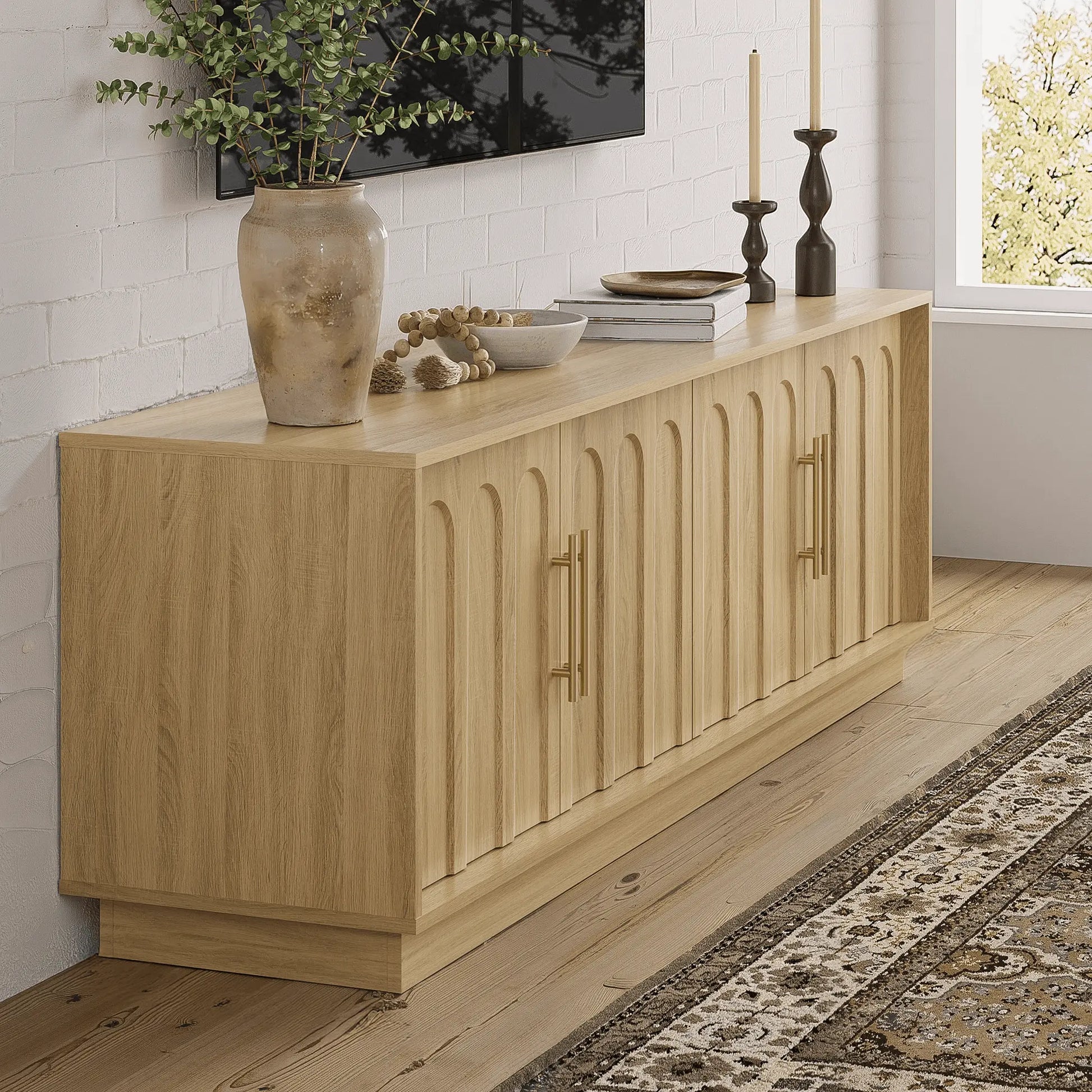 FORTUNETECWhite Oak Arched TV Stand – Mid - Century Modern Style