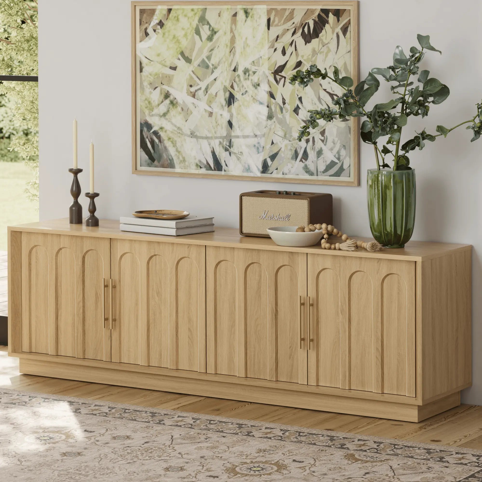 FORTUNETECWhite Oak Arched TV Stand – Mid - Century Modern Style