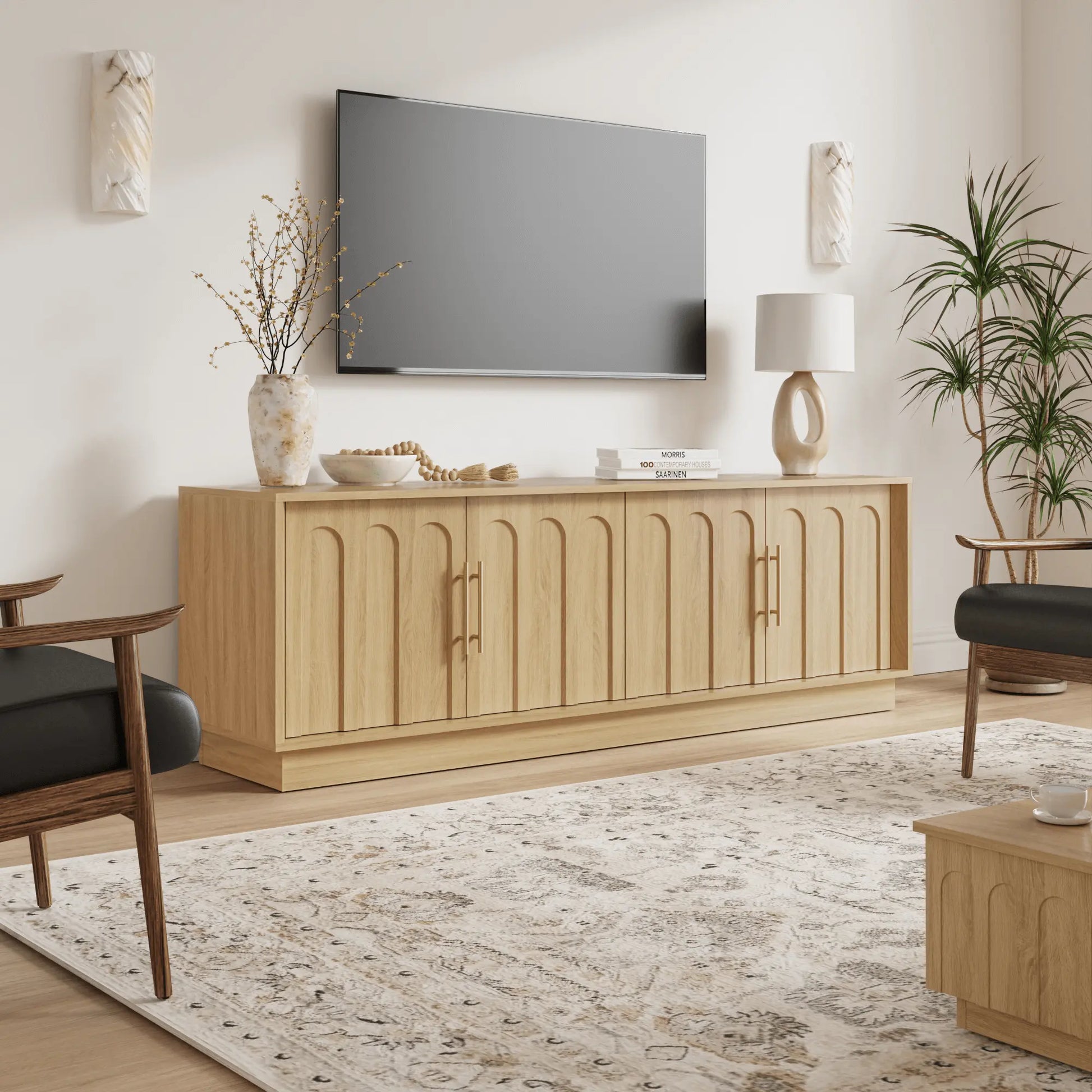 FORTUNETECWhite Oak Arched TV Stand – Mid - Century Modern Style